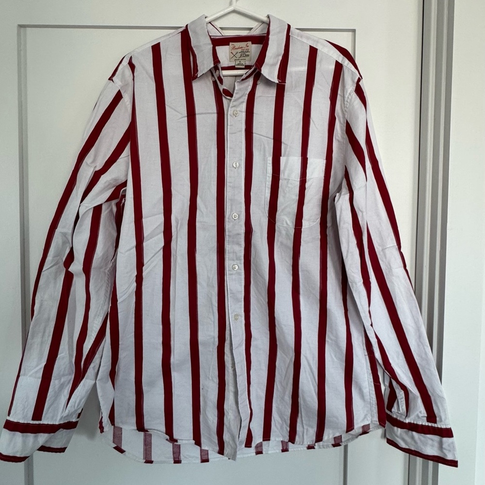 J.Crew Broken-In Oxford Red White Stripe Shirt L Organic Cotton